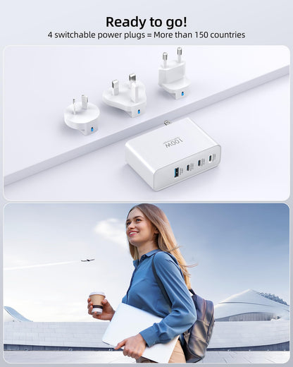 Topadre 100W USB C Travel Charger, 4-Ports Foldable Travel Adapter Plug Converter with UK/EU/AU Plugs,Fast Charging for Macbook Pro/Air,for iPad Pro/iPhone 16/15 Pro Max, for 45w Samsung Galaxy, White