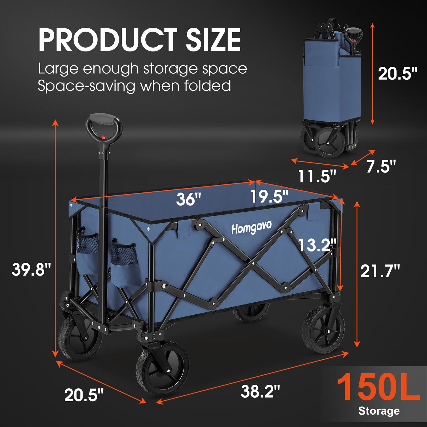 Collapsible Folding Wagon Cart,Heavy Duty Garden Cart with All Terrain Wheels,Portable Large Capacity Utility Wagon Cart for Camping Fishing Sports Shopping, Blue