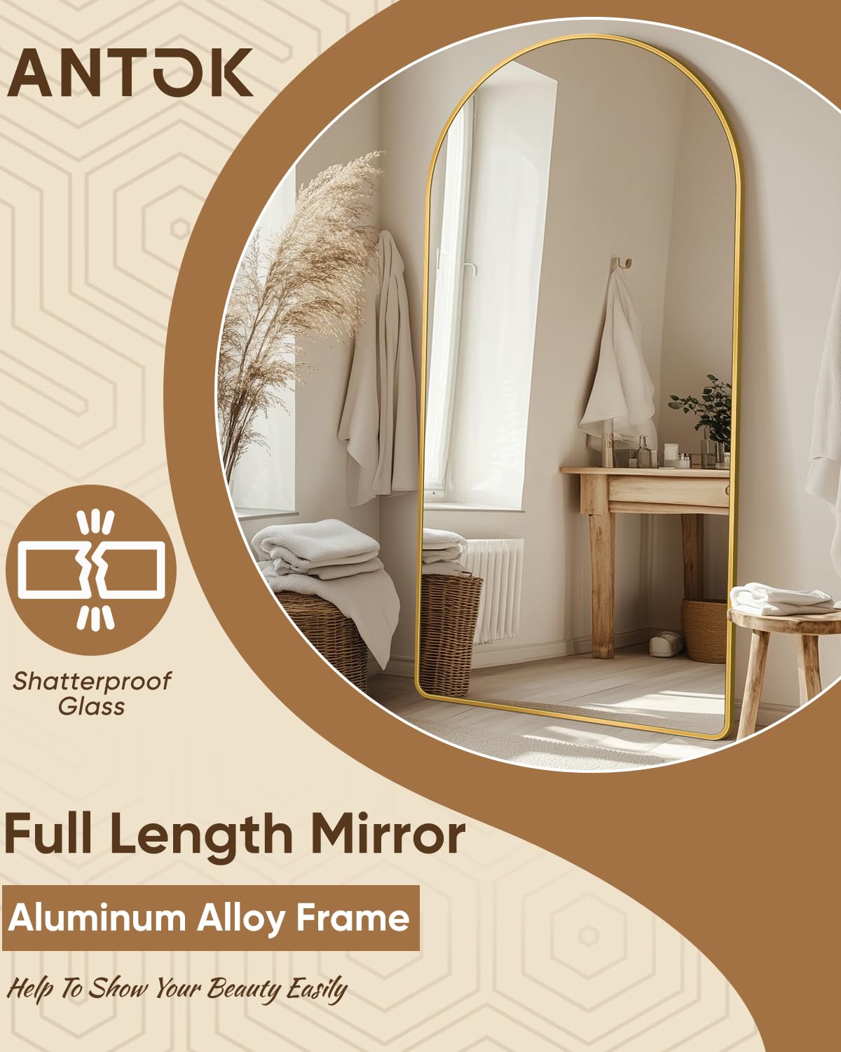 Arched Gold Full Length Floor Mirror 58"x21"