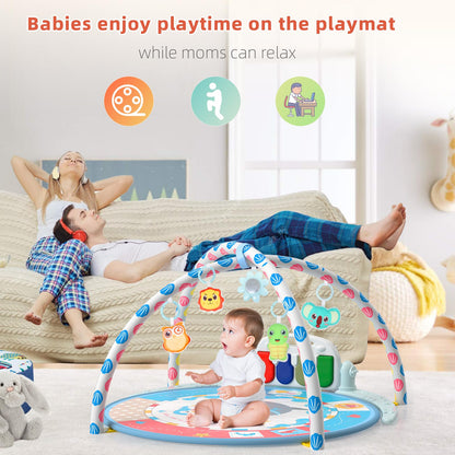 Baby Tummy Time Mat, Baby Gyms Playmats Activity Mat with 4 Toys and Mirror, Piano Keys with 40 Music, Multi-Functional Sensory Development Activity Gym for Infants and Toddlers 3 to 18 Month(Blue)