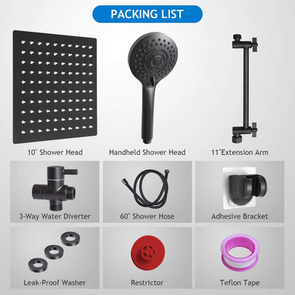 Shower Head Combo,10 Inch High Pressure Rain Shower Head with 11 Inch Adjustable Extension Arm and 5 Settings Handheld Powerful Shower Spray Against Low Pressure Water - Matte Black