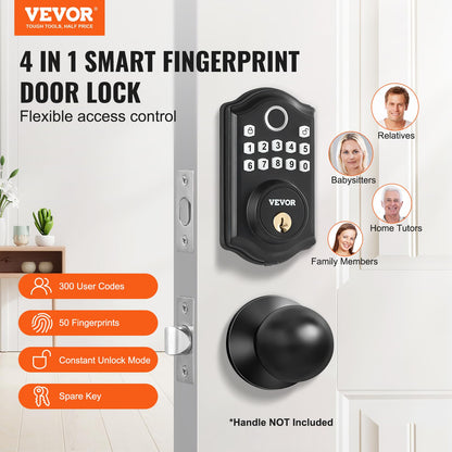 VEVOR Fingerprint Door Lock, Keyless Entry Door Lock with Fingerprint/Keypad Code/Key, Auto Lock, Anti-Peeking Password, Electronic Keypad Deadbolt with 300 Users, IP 63 Rating for Front Door