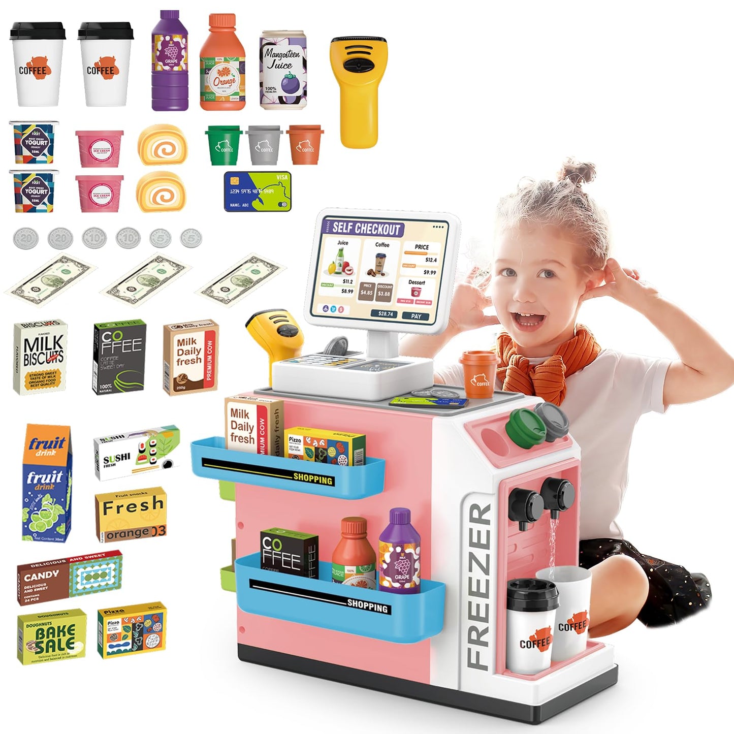 deAO Toy Cash Register for Kids Pretend Play Store Calculator Money 3 in 1 Coffee Machine Set Toys with Water Outlet Function Play Food Gifts Learning Toys for Kids Boys Girls (Pink)