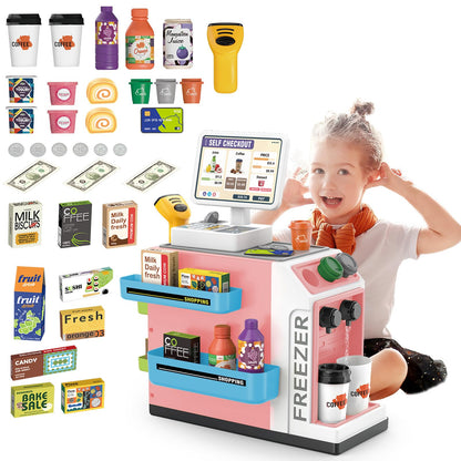 deAO Toy Cash Register for Kids Pretend Play Store Calculator Money 3 in 1 Coffee Machine Set Toys with Water Outlet Function Play Food Gifts Learning Toys for Kids Boys Girls (Pink)