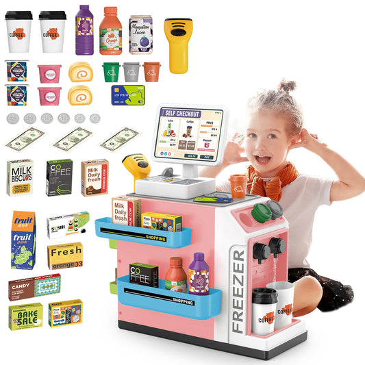 deAO Toy Cash Register for Kids Pretend Play Store Calculator Money 3 in 1 Coffee Machine Set Toys with Water Outlet Function Play Food Gifts Learning Toys for Kids Boys Girls (Pink)