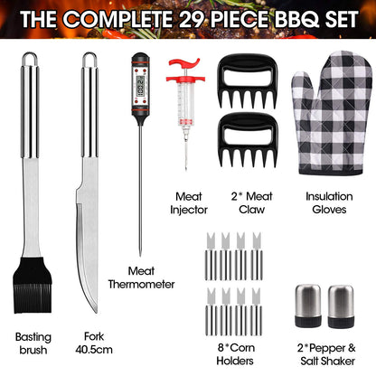 29pcs Grilling Accessories Kit for Men Women, Stainless Steel Heavy Duty BBQ Tools with Glove and Corkscrew, Grill Utensils Set in Portable Canvas Bag for Outdoor,Camping,Backyard, Perfect Grill Gift