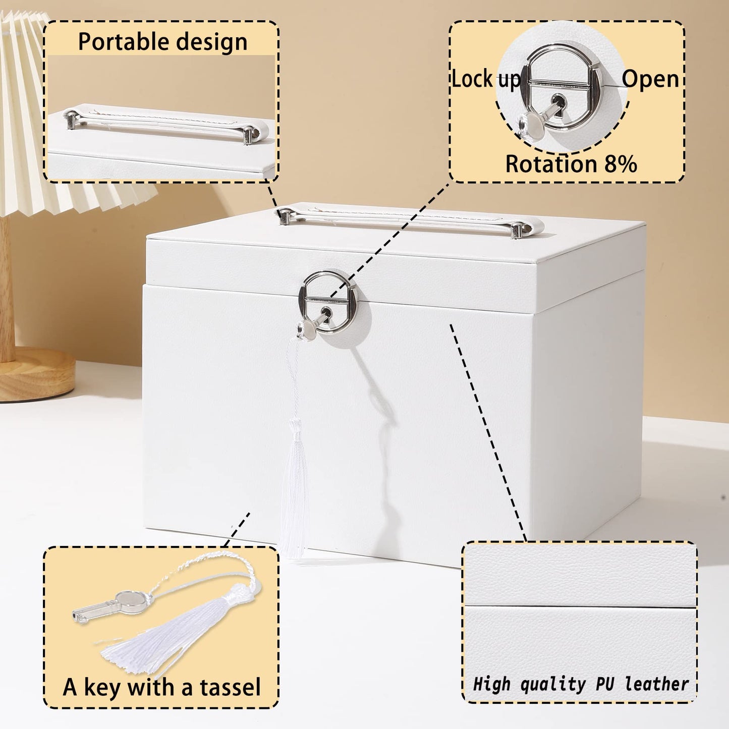 Jewelry Boxes For Women Girl's White PU Leather 4-Layers Large Multifunctional Portable jewelry Box Organizer Jewelry Storage Box With Mirror And Lock (White/L)