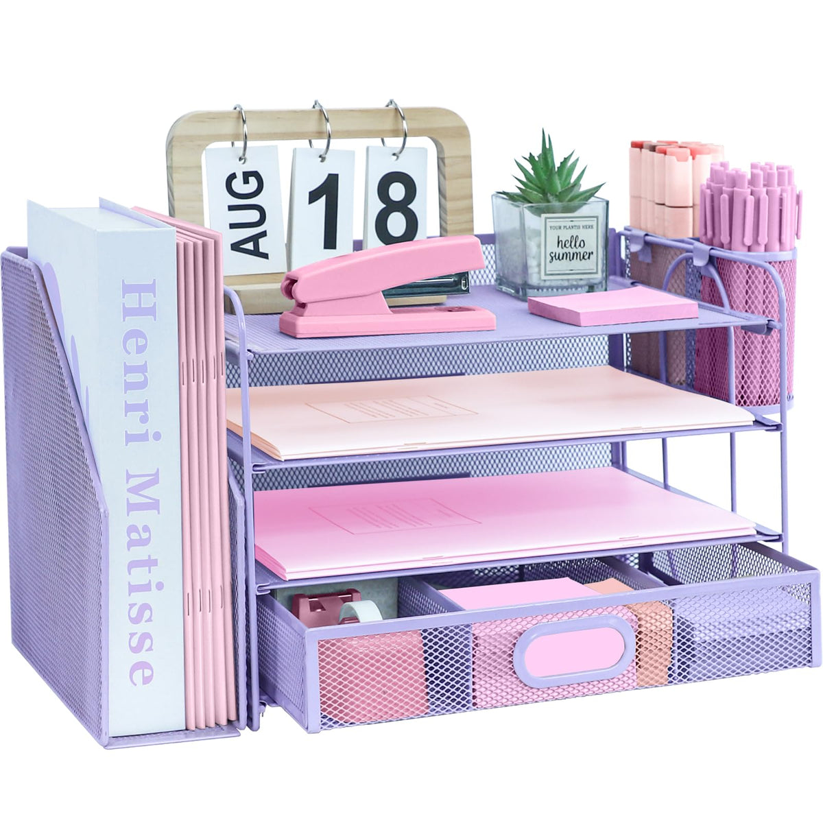 Desk Organizer with File Holder, Trays, Drawer, Pen Cups
