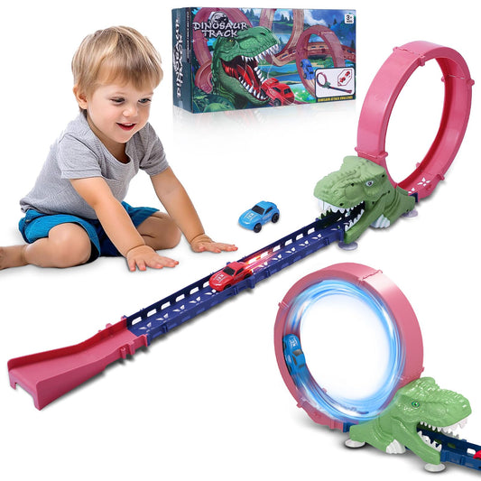 CREAMHONGKID Dinosaur Toys Race Car Track, Create a Dinosaur World Road Race, Dinosaur Track Toys Set with 2 Inertia Racing Cars, Race Tracks for Kids Ages 3+, Birthday Children's Day Gifts