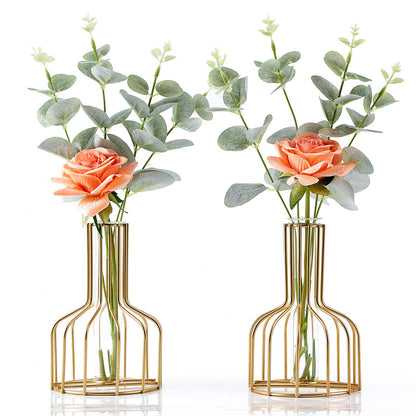 2PC Gold Vase for Centerpieces Home Decor, Clear Glass Test Tube Vases Decorative, 3.9" W x 5.9" H Metal Modern Flower Vase, Small Bud Vases Gifts for Women Wedding Living Room Table Decorations