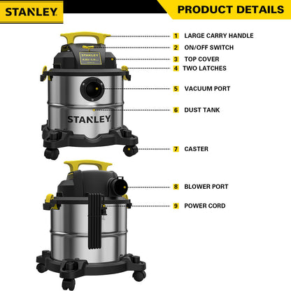 STANLEY SL18115 Wet/Dry Vacuum, 4 Horsepower, Stainless Steel Tank, 5 Gallon, 4.0 HP, 50" Sealed Pressure, Silver+Yellow