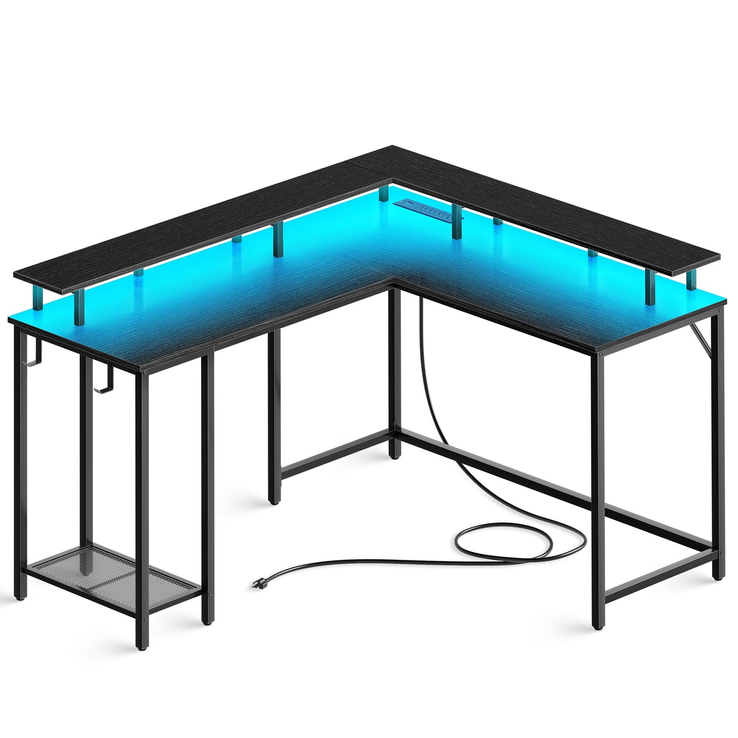 SUPERJARE Desk L Shaped Gaming Desk with LED Lights & Power Outlets, Computer Desk with Monitor Stand, Home Office Desk Corner Desk with Headphone Hooks, Black