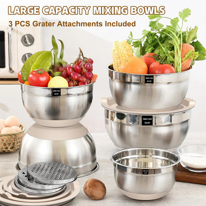 Umite Chef Mixing Bowls with Airtight Lids Set, 8PCS Stainless Steel Khaki Nesting Bowls with Grater Attachments, Kitchen Bowls with Non-Slip Bottoms, Size 5, 4, 3.5, 2, 1.5QT for Mixing & Serving