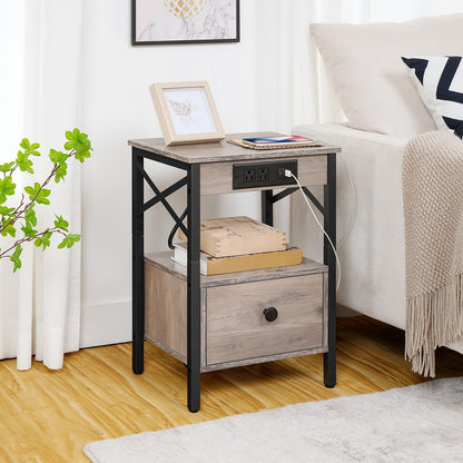 HOOBRO Nightstand with Charging Station, End Table with Drawer, Side Table with USB Ports Outlet, Sofa Beside Table with Storage Shelf for Small Space in Bedroom, Greige BG128UBZ01G1