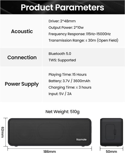 Raymate 20W Waterproof Bluetooth Speaker with HiFi Sound