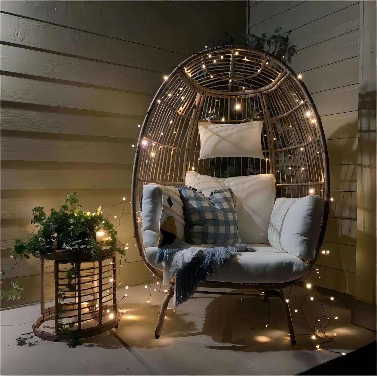 YITAHOME Wicker Egg Chair with Coffee Table Outdoor Indoor Oversized Lounger with Stand, Table, Cushions, Egg Basket Chair for Patio Backyard Porch - Beige