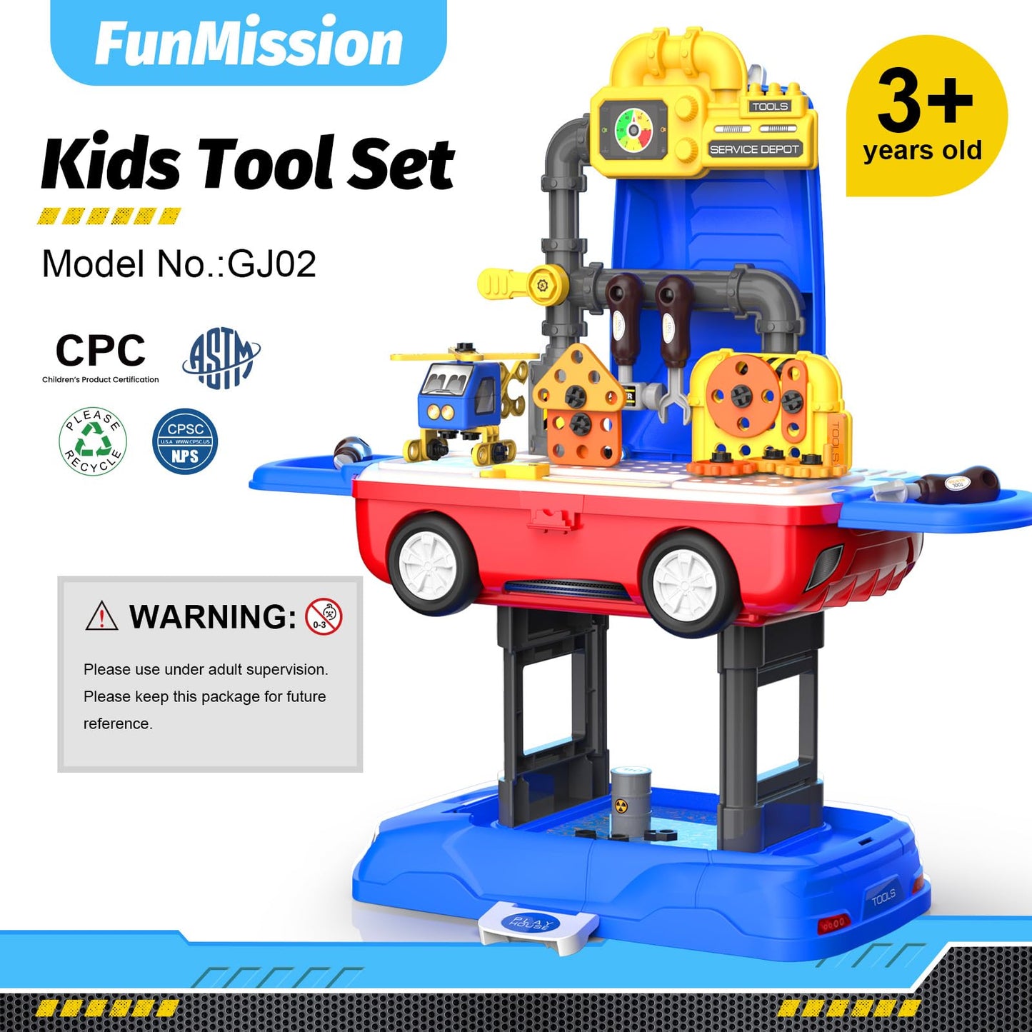 Funmission Kids Tool Set, Work Tool Bench with 69 Realistic Toy Tools and Accessories, Transformable Tool Set, Toddler Bench Pretend Play Learning and Tool Set for Toddlers Boys & Girls Age 3+