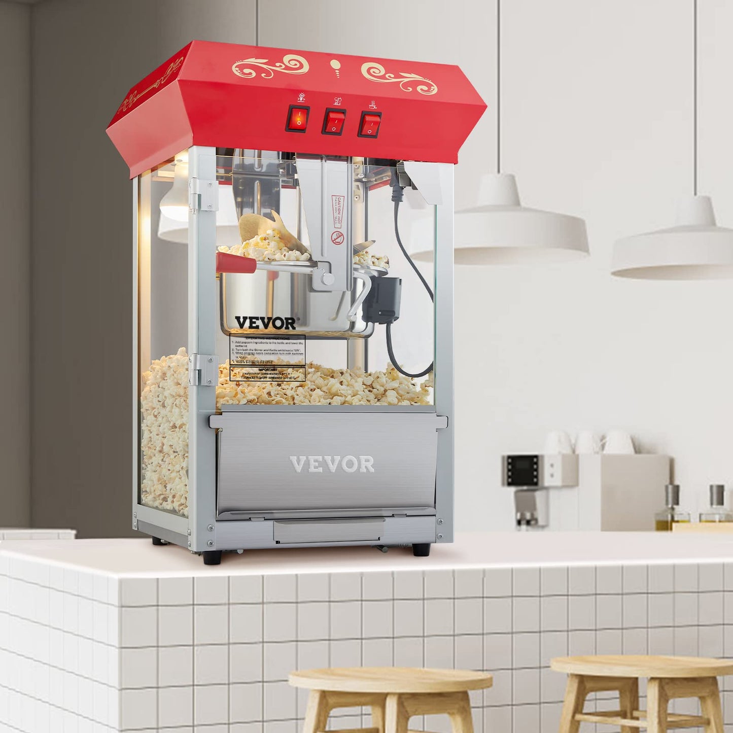 VEVOR Commercial Popcorn Machine, 8 Oz Kettle, 850 W Countertop Popcorn Maker for 48 Cups per Batch, Theater Style Popper with 3-Switch Control Steel Frame Tempered Glass Doors 2 Scoops 2 Spoons, Red