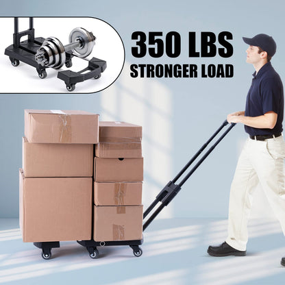 Folding Hand Truck Portable Dolly Cart Max 350 lbs Aluminum Foldable Dolly Cart Luggage Trolley Cart, 6 Wheels Push Cart Dolly for Moving, Small Platform Hand Cart with 2 Ropes Black
