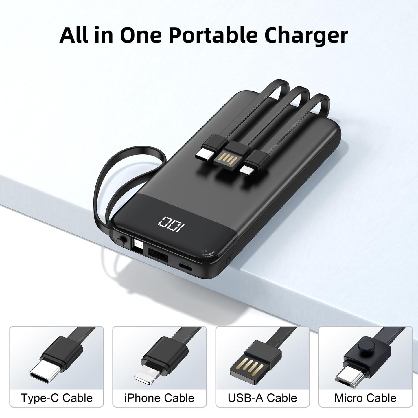 Portable 10000mAh Power Bank with Built-in Cable