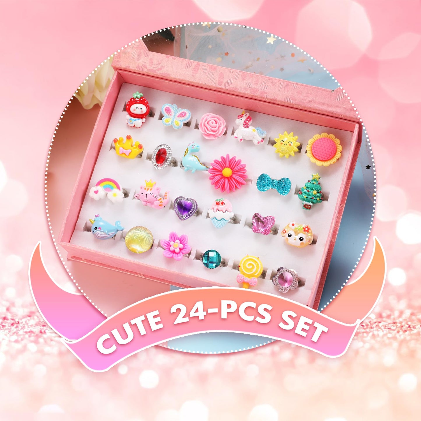 Adjustable Pretend Play Girl Jewel Rings Set