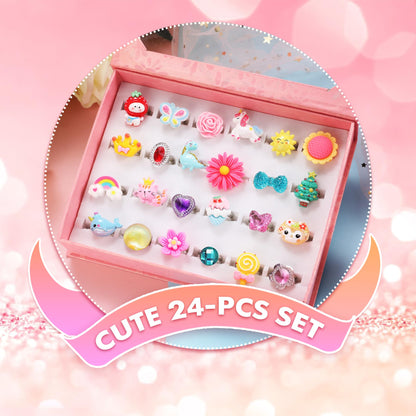 Adjustable Pretend Play Girl Jewel Rings Set