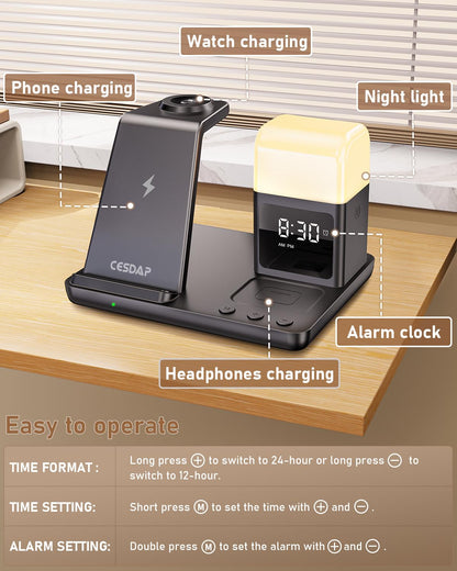 CESDAP 6-in-1 Wireless Charging Station with Alarm