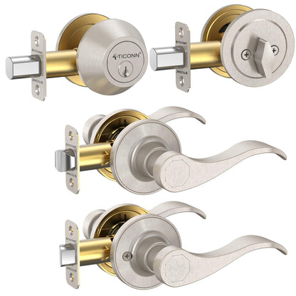 TICONN Silver Door Handles, Traditional Wave Style Silver Reversible Door Lever for Interior Doors and Closet (Deadbolt with Passage Lever, 2-Pack)