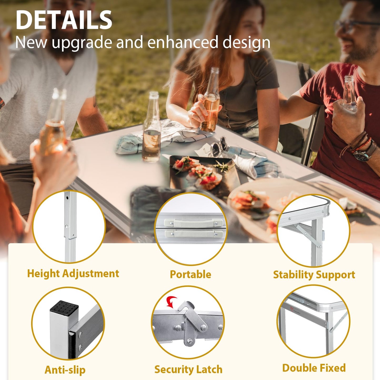 FrenzyBird Folding Picnic Table with 4 Stools, Aluminum Table Oxford Mat Chair Set, Portable Lightweight and Heights Adjustable for Outdoor Camping Dining BBQ Party 47.2×23.6 Inch