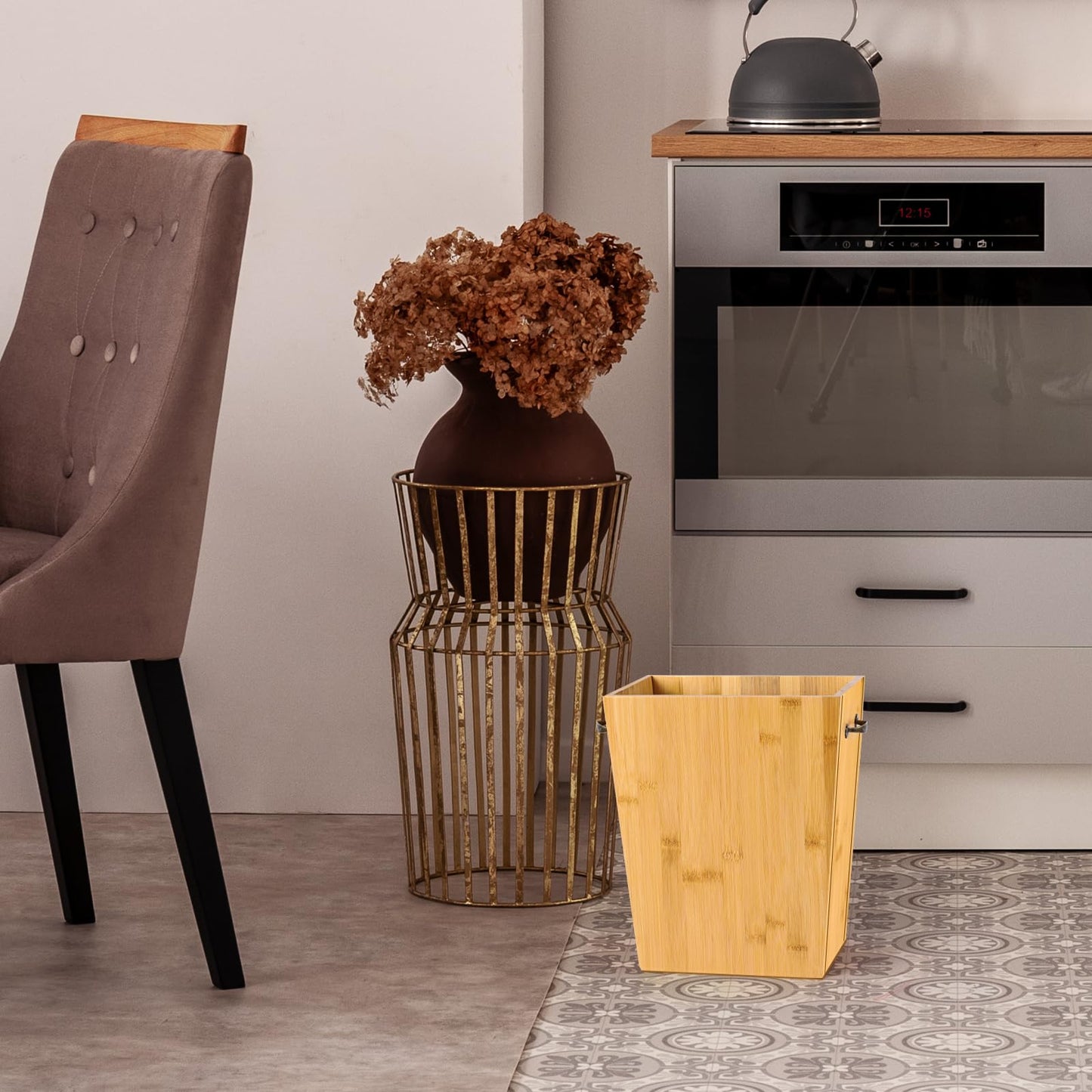 SEHERTIWY Wood Trash Can, Farmhouse Wastebasket Bin for Bathroom, Office, Bedroom, Living Room, Small Square Rustic Garbage Container with Metal Handle (Bamboo-Yellow-Handle)