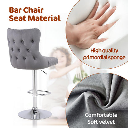 Chummaven Velvet Adjustable Bar Stools Set of 2, Counter Height Swivel Barstools with Chrome Base Footrest, Modern Upholstered Bar Chairs with Boutton Tufed High-Back for Kitchen,Dark Grey