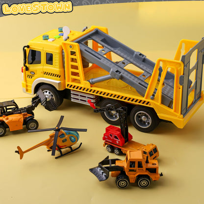 LovesTown 5PCS Construction Truck Toy Set, Large Truck with Lights and Sounds and Small Die-cast Engineering Trucks Helicopter Set for Kids Birthday Present