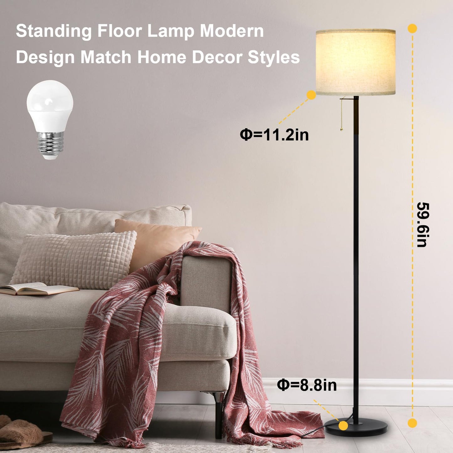 Modern Floor Lamp for Living Room Traditional Farmhouse Floor Lamps Mid-Century Pole Lamp with Linen Lamp Shade, Standing Tall Floor Lamps for Bedrooms and Office (Black-01)