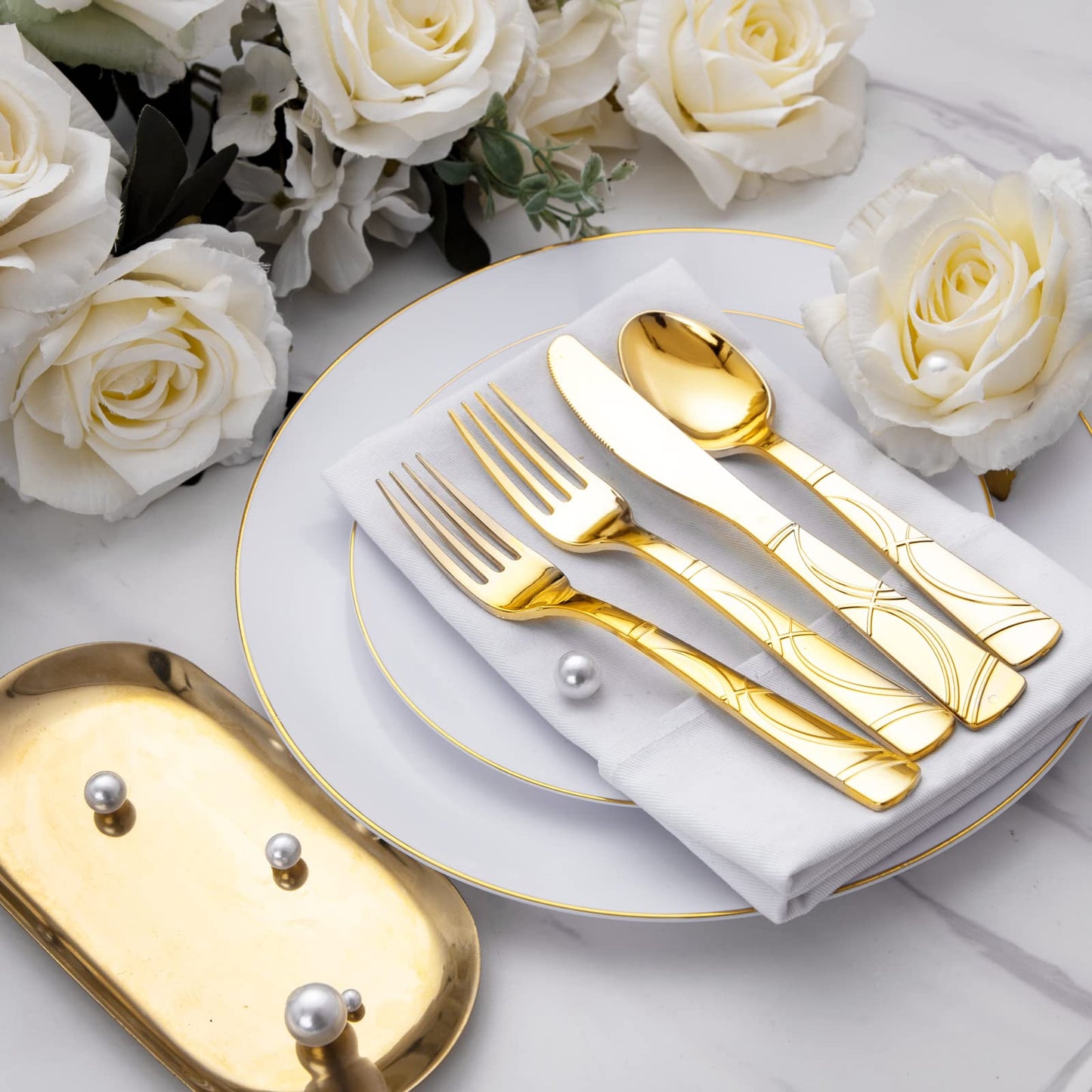 Gold Plastic Cutlery Set - 300 Disposable Utensils