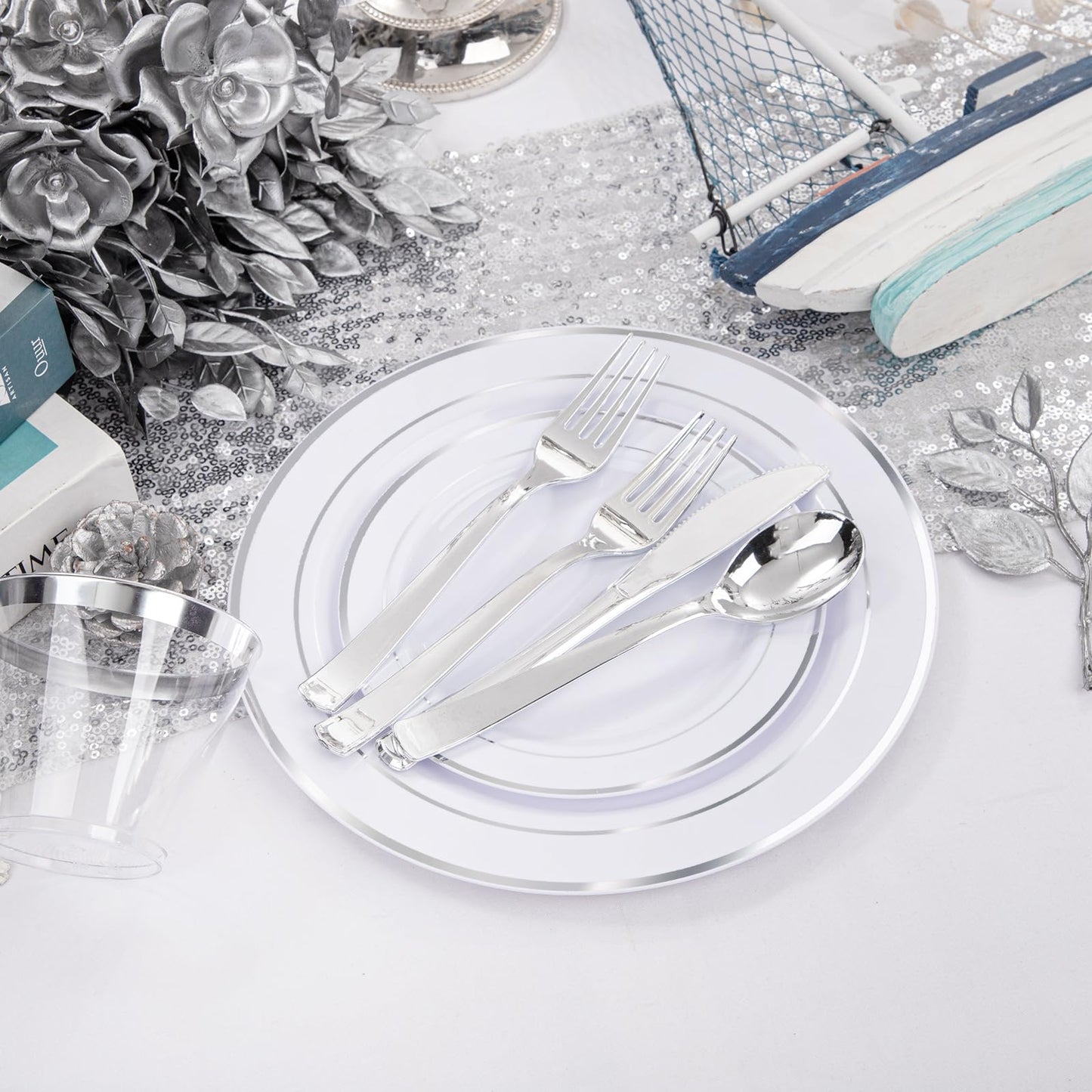 WELLIFE 300Pcs Elegant Disposable Dinnerware Set