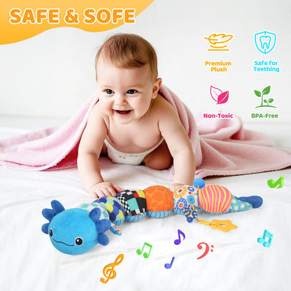 Baby Toys for 0-6 6-12 Months, Plush Axolotl Toy with Crinkle and Rattles for Infant Newborn, Sensory Music Animal Stuffed Toy for 0 1 2 3 4 5 6+ Month, Tummy Time Toys Gifts for 0-3-6-12 Months,Blue