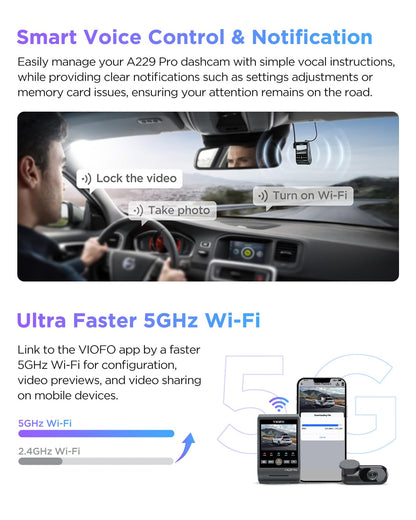 VIOFO A229 Pro 4K HDR Dash Cam, Dual STARVIS 2 IMX678 IMX675, 4K+2K Front and Rear Car Camera, 2 Channel with HDR, Voice Control, 5GHz WiFi GPS, Night Vision 2.0, 24H Parking Mode, Support 512GB Max