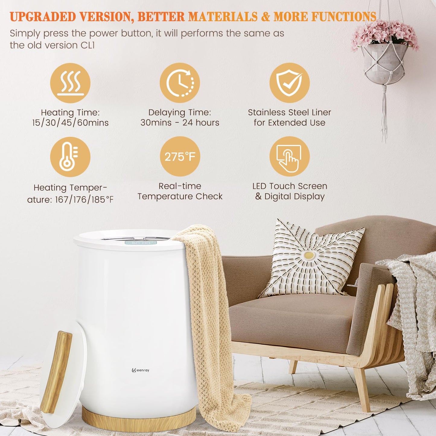 Keenray Upgraded Towel Warmer Bucket, Large Towel Warmer with 3 Heating Modes, Heat Time 30/45/60 Min Adjustable and Up to 24 Hour Delay Timer, Towel Heater for Oversize Bathrobes Blankets, CL1Plus