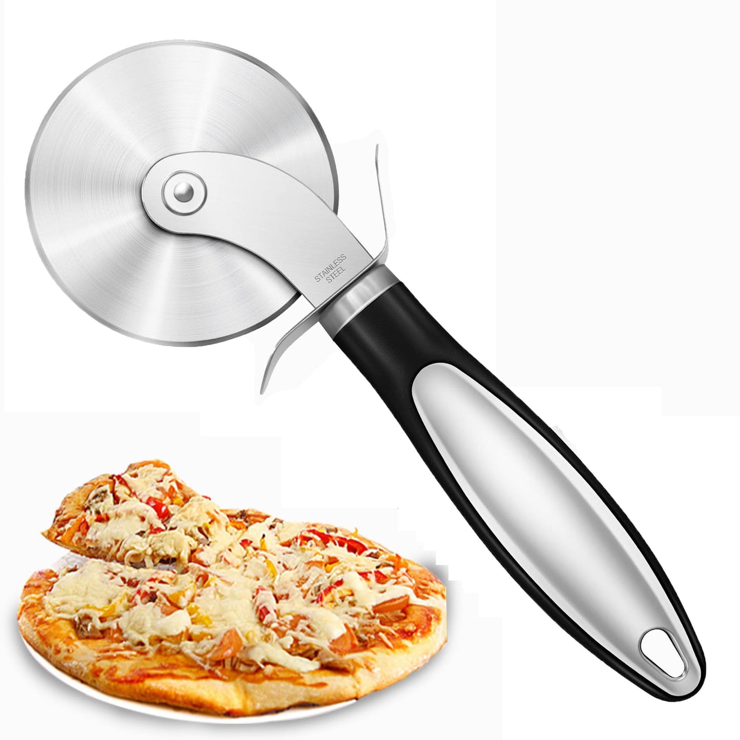 Stainless Steel Pizza Cutter Wheel with Finger Guard - Durable 3 Inch Pizza Slicer, Easy to Clean - Comfortably Cuts Any Size Pizza, Essential Pizza Tool