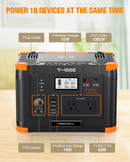 1000W GRECELL Portable Solar Generator with AC Outlet