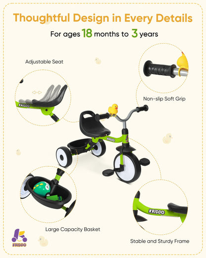 KRIDDO Kids Foldable Tricycle with Storage Basket