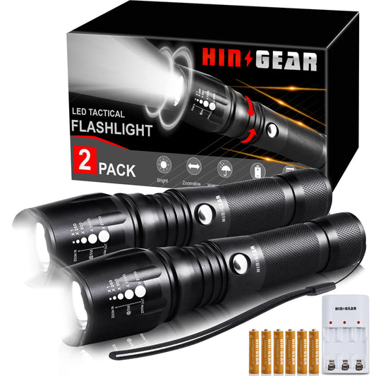 HinsGEAR LED Tactical Flashlight 2 Pack - Super Bright 1000 Lumens Flashlights, High Lumens Handheld Flash Light with 5 Modes, Adjustable Focus, Waterproof, Best Flashlight for Outdoor and Home Use