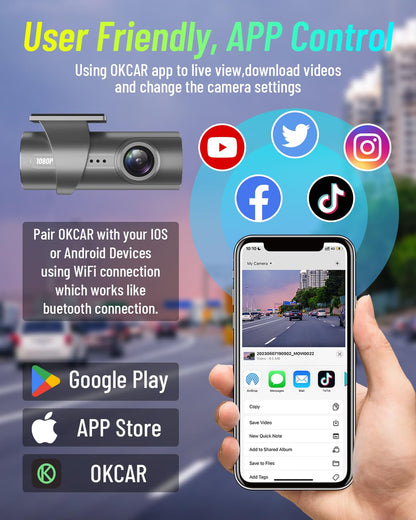 AQV Dash Cam Front 1080P WiFi, Mini Dash Camera for Cars with App Control, 170° Wide Angle, G-Sensor, Loop Recording, Super Night Vision, Safer Super Capacitor for Dashcam Car Camera, MAX 64GB