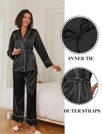 Ekouaer Satin Pjs for Women Set Silk Pajamas Set Long Sleeve Top with Pants Soft 2 Pieces Loungewear with Belt Black