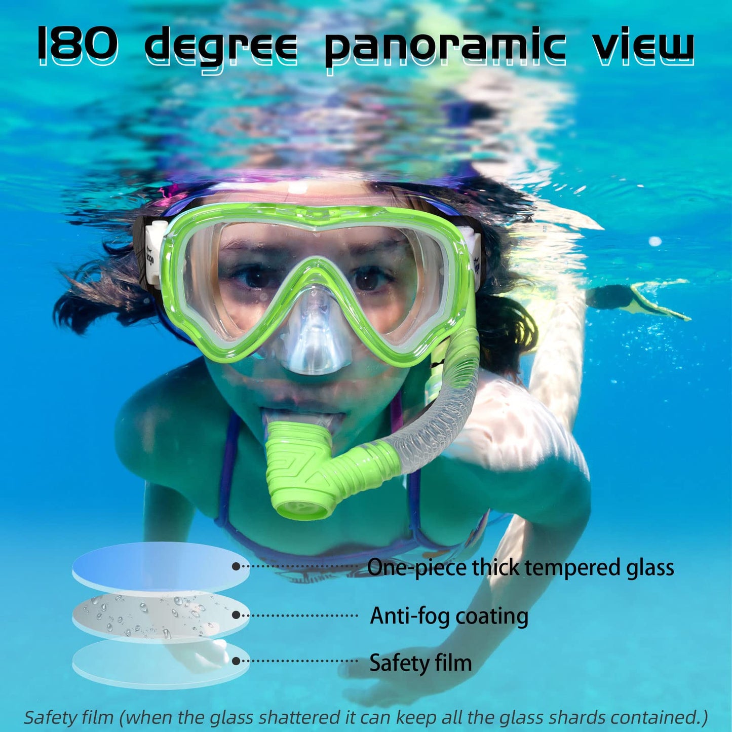 Kids Swim Goggles Snorkel Mask Diving Scuba Mask Snorkeling Goggles for Kids Boys Girls Youth, Anti-Fog 180° Clear View Kids Pool Underwater Swimming Goggles with Nose Cover, Snorkel Swim Equipment