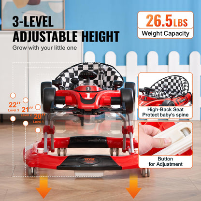 VEVOR 4-in-1 Baby Walker, Foldable Baby Activity Center with Wheels, Adjustable Height, Light, Steering Wheel, Learning-Seated | Walk-Behind | Car Shape | Rocker Baby Walker for Boys Girls 6-24 Month