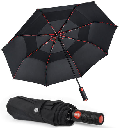 Lejorain Collapsible Umbrella Compact Travel - Portable Black Double Canopy Automatic Windproof Umbrella - Folding Striking Red Reinforced Fiberglass Frame Rain Umbrellas for Adults