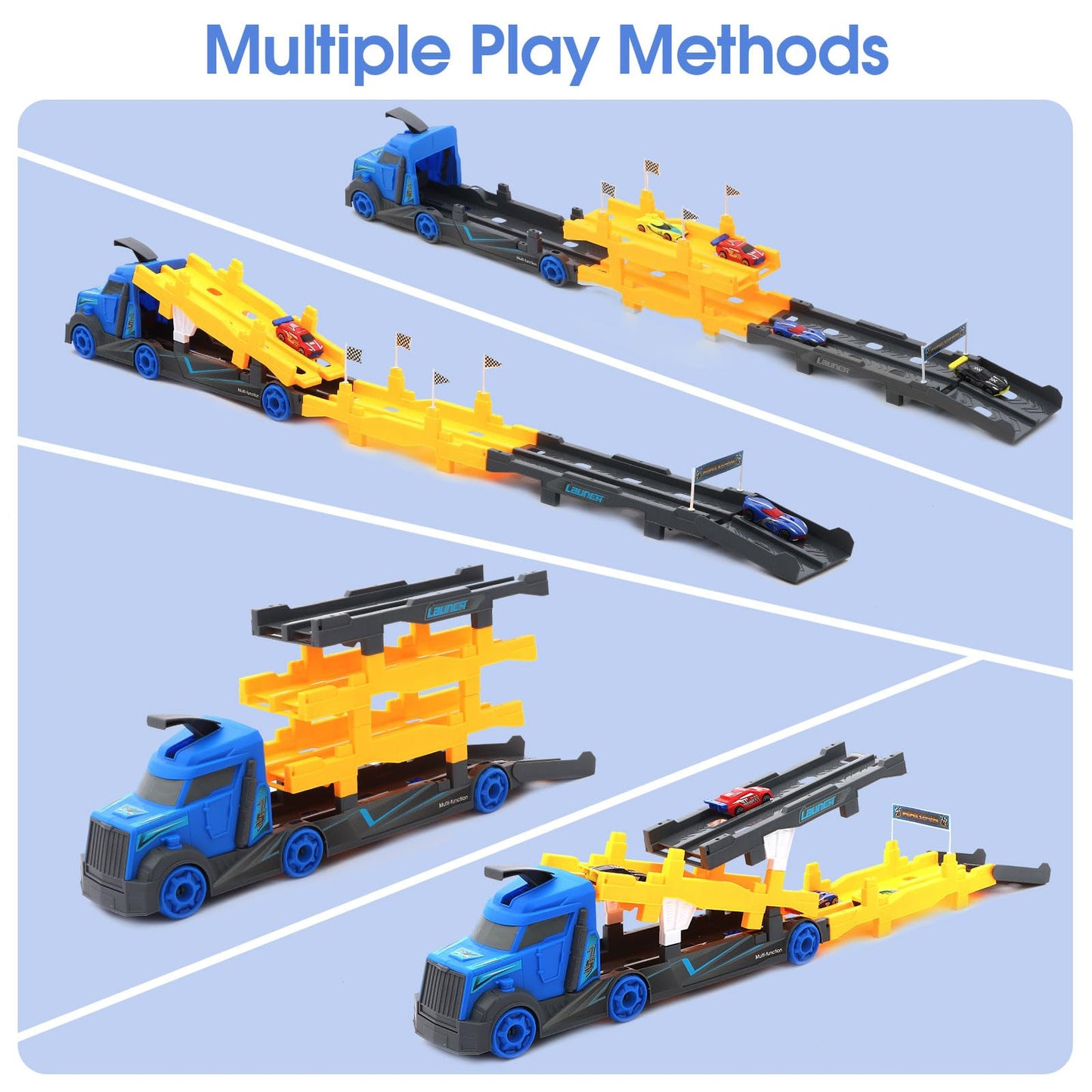 HSEONEJIA Toddler Car Race Track Truck Toy Set, 57 INCH Deformable Mega Hauler Transporter Truck with 4 Small Race Cars, Birthday for Kids Boys Girls Age 2 3 4 5 Years Old