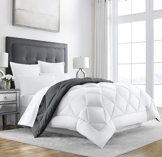 Sleep Restoration Full/Queen Comforter - Reversible Bed Duvet Insert - Thick, Warm, Fluffy Down Comforter Alternative - Hotel Quality Bedding Comforters - Grey/White