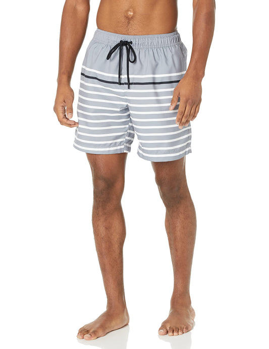 Amazon Essentials Men's 7" Quick-Dry Swim Trunk - Discontinued Colors, Black Charcoal Heather Narrow Stripe, Large